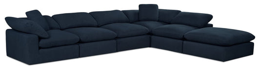 Sofa sectionnel modulaire de style cocon Eclipse 6 pièces en tissu d’apparence lin avec coussins réversibles en duvet et plumes - bleu marine