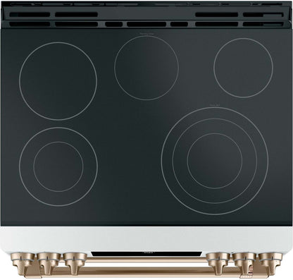 Cuisinière intelligente électrique Café de 7 pi³ avec convection européenne véritable et grilles auto-nettoyantes - Blanc mat… | Cafe 7 Cu. Ft. Smart Electric Range with True European Convection and Self Clean Racks - Matte White…