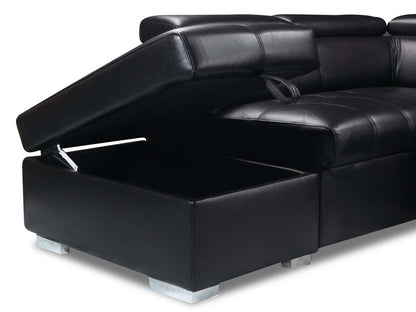 Canapé-lit sectionnel de gauche Drake 3 pièces en tissu d'apparence cuir avec pouf de rangement - noir