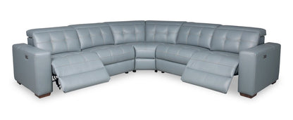 Sofa sectionnel à inclinaison électrique Geneva 3 pièces en cuir véritable avec appuie-têtes électriques et port USB - bleu piscine