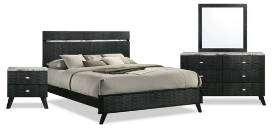 Ensemble de chambre à coucher Atlas 6 pièces avec lit, commode, miroir et table de nuit, style moderne du milieu du 20e siècle, noir - Taille King