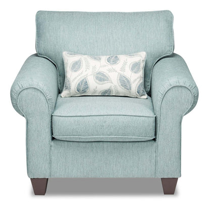 Fauteuil Scarlett de 41,5 po fabriqué au Canada en tissu de chenille avec accoudoirs enroulés et coussin décoratif - bleu marine