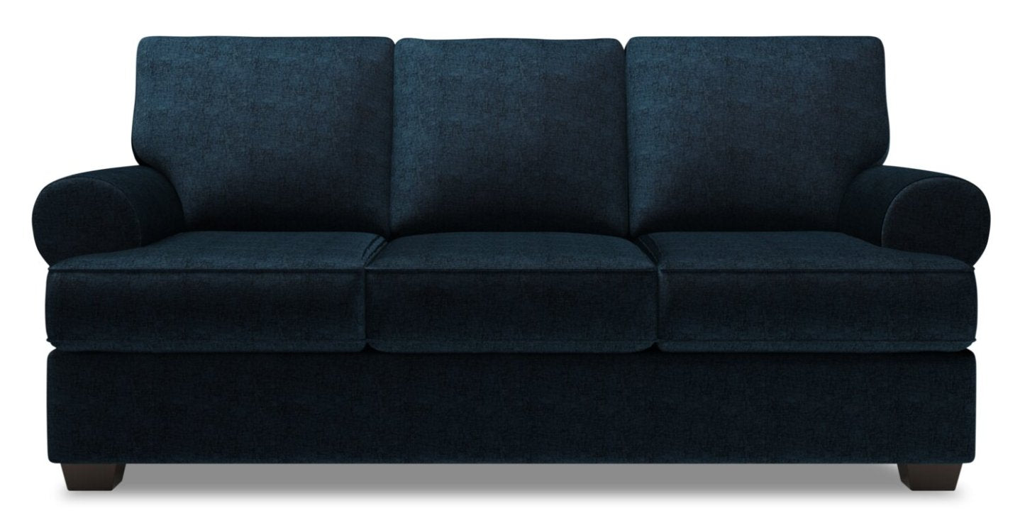 Fabriqué au Canada Canapé Personnalisable Roll 86 Canapé en Tissu Chenille avec Accoudoirs Roulés - Bleu Indigo de Luxe | Canapé Roll de Sofa Lab de 86 po fabriqué au Canada en tissu de chenille avec accoudoirs enroulés - bleu Indigo de Luxe | RO103193