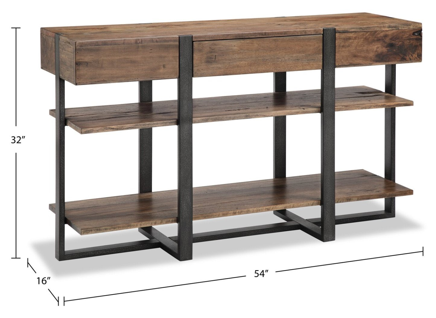 Table de salon moderne Manchester de 54 po avec rangement et tablette - bois brun avec base en fer