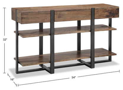 Table de salon moderne Manchester de 54 po avec rangement et tablette - bois brun avec base en fer