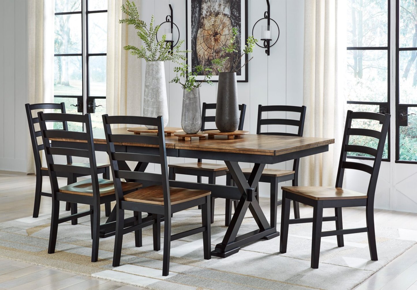 Raven 7pc Dining Package with 60-78W Extension Table & 6 Chairs - Two-Tone Black & Brown | Ensemble de salle à manger Raven 7 pièces avec table à rallonge, 60 po à 78 po (L) et 6 chaises - deux teintes, noir et brun