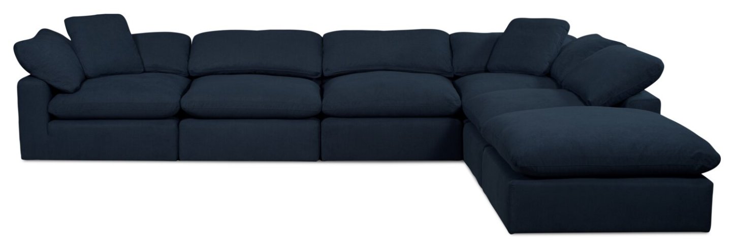 Sofa sectionnel modulaire de style cocon Eclipse 6 pièces en tissu d’apparence lin avec coussins réversibles en duvet et plumes - bleu marine