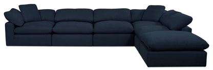 Sofa sectionnel modulaire de style cocon Eclipse 6 pièces en tissu d’apparence lin avec coussins réversibles en duvet et plumes - bleu marine