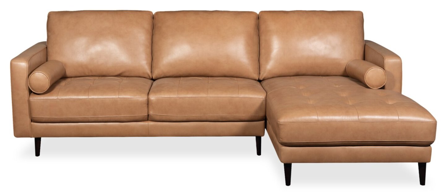 Edge 2-Piece Right-Facing Genuine Leather Sectional with Wood Legs and Removable Back Cushions - Brown | Sofa sectionnel droit Edge 2 pièces en cuir véritable avec pieds en bois et coussins de dossier amovibles - brun