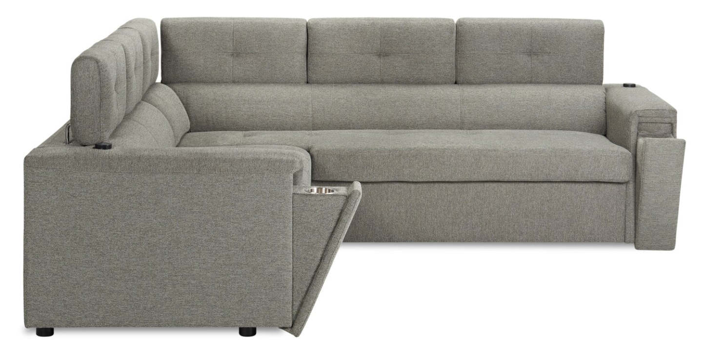 Savvy 2-Piece Right-Facing Linen-Look Fabric Sectional with Adjustable Headrests, Cupholders and USB Port - Grey | Canapé sectionnel droit Savvy 2 pièces en tissu d’apparence lin avec appuie-têtes réglables, porte-gobelets et port USB - gris