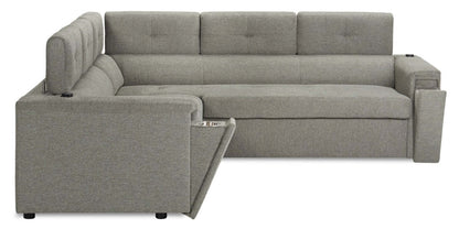 Savvy 2-Piece Right-Facing Linen-Look Fabric Sectional with Adjustable Headrests, Cupholders and USB Port - Grey | Canapé sectionnel droit Savvy 2 pièces en tissu d’apparence lin avec appuie-têtes réglables, porte-gobelets et port USB - gris
