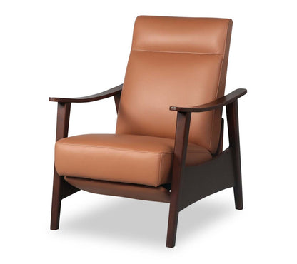 Aydin 27.5 Fauteuil d’appoint à inclinaison par poussée en cuir véritable avec accoudoirs et pattes en bois - orange chameau