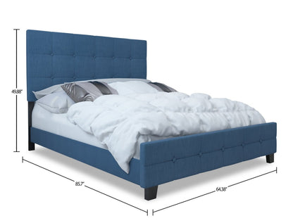 Page Lit rembourré en tissu d'apparence lin bleu, capitonné avec boutons - Queen Size | Lit rembourré Page en tissu d'apparence lin bleu avec capitonnage à boutons - format grand lit