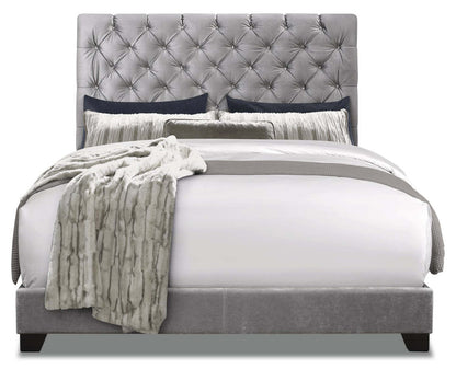 Lit rembourré Candace en tissu velours gris, capitonné avec boutons - Pleine grandeur | Lit rembourré Candace en tissu de velours gris avec capitonnage à boutons - format lit double