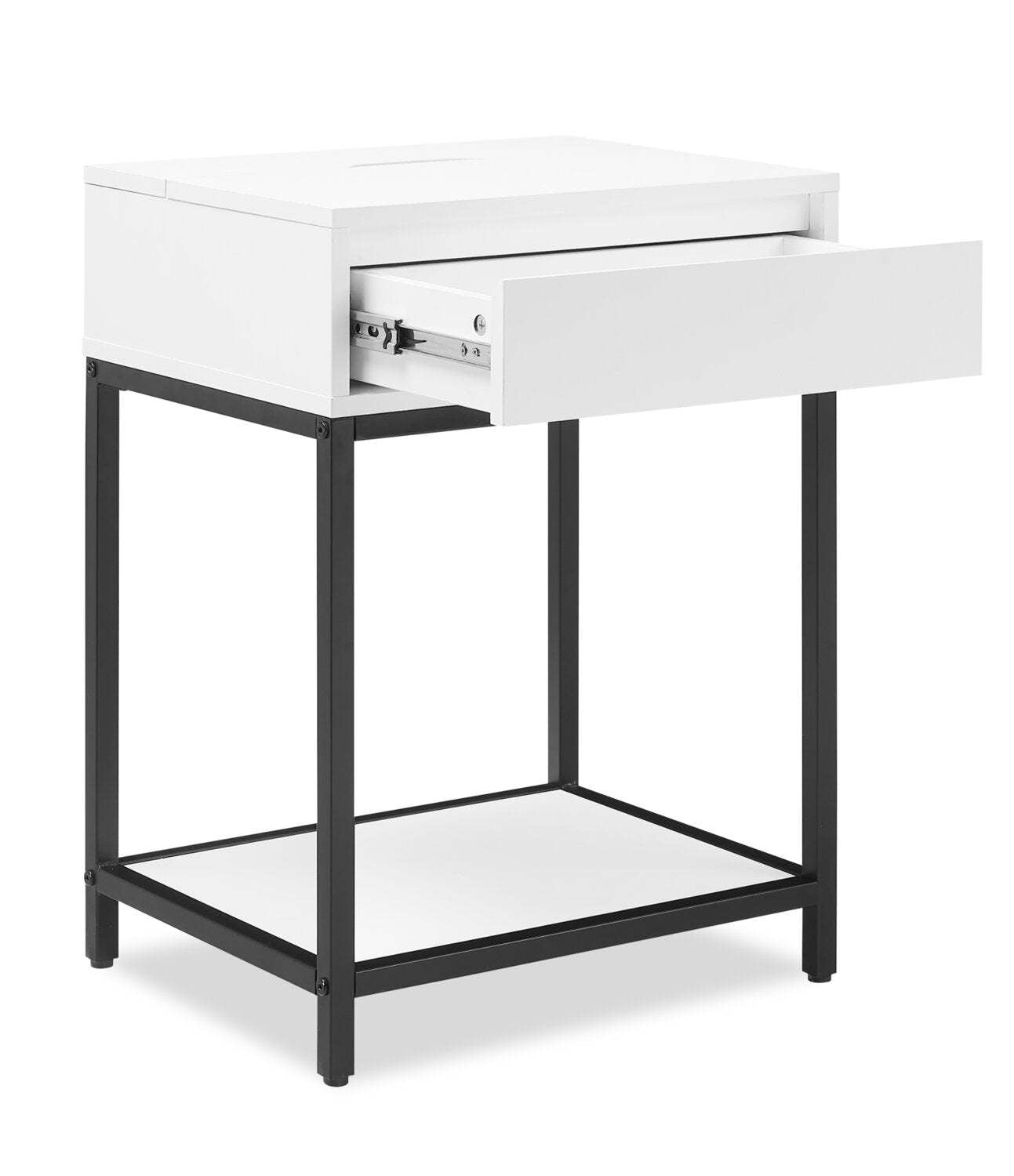 Table de nuit Akio à 1 tiroir avec rangement relevable, 18 L x 25,75 H - Blanc/Noir | Table de nuit Akio de 18 po (l) x 25,75 po (H) à 1 tiroir avec dessus relevable et rangement - blanche et noire