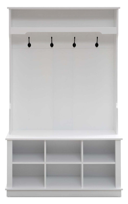 Quinn 39.75 Hall Tree with Shoe Storage - Matte White | Portemanteau Quinn de 39,75 po avec rangement pour chaussures - blanc mat | QUINNHAL