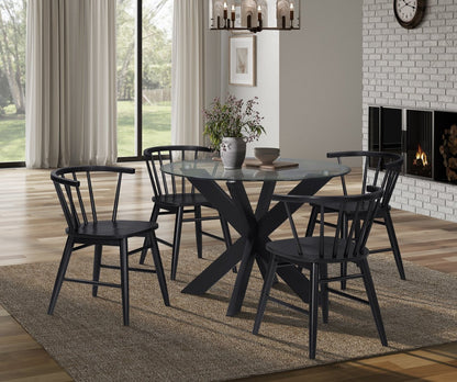 Table de salle à manger Remi avec plateau en verre et base géométrique en bois, 42 W ronde - Noir | Table de salle à manger ronde Remi de 42 po (L) avec dessus en verre et base géométrique en bois - noire