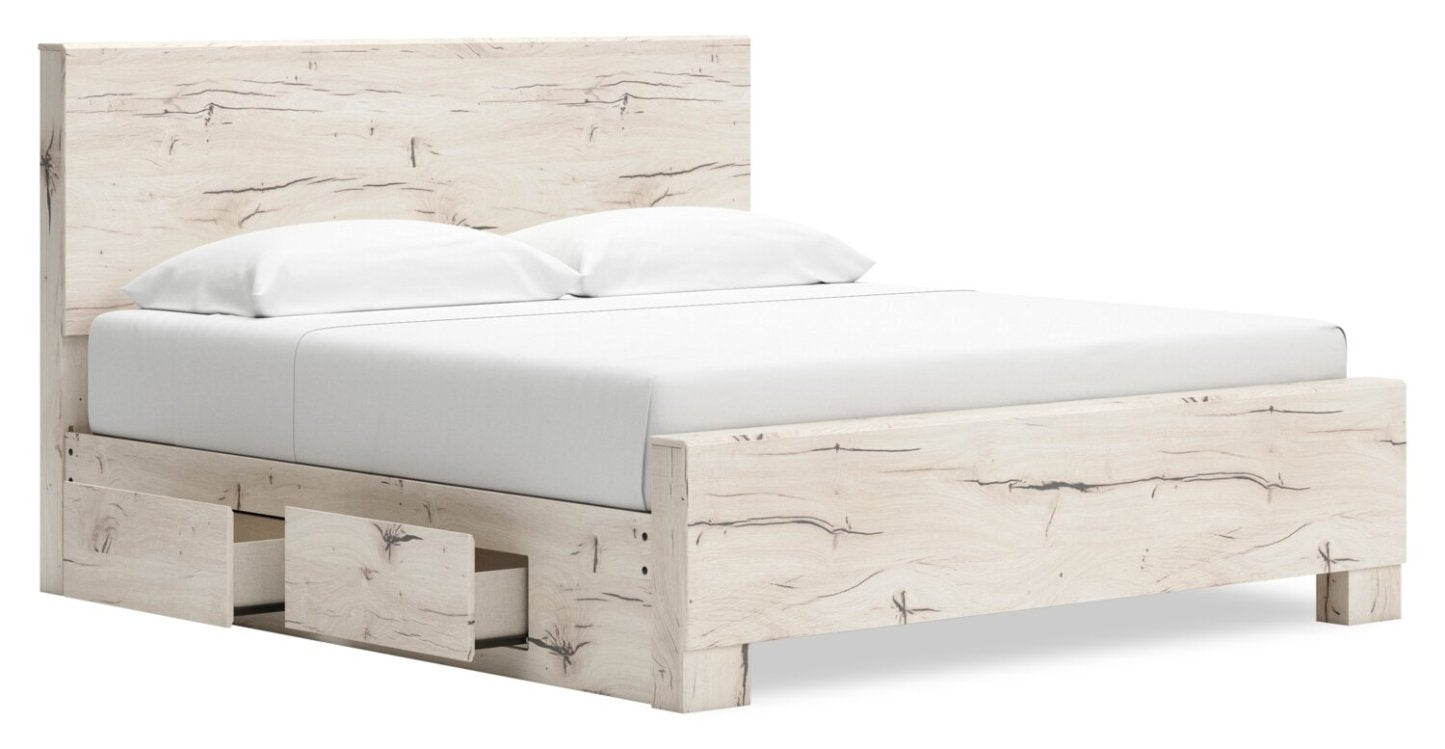 Lit de rangement Derekson blanc rustique avec 2 tiroirs latéraux intégrés - format très grand lit | Derekson Storage Bed with 2 Built-In Side Drawers, Rustic White - King Size