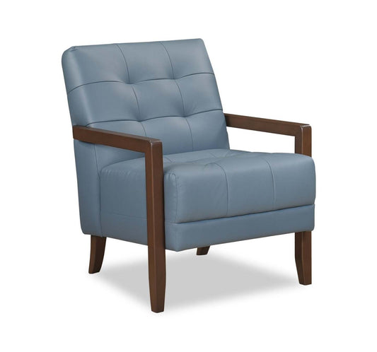 Fauteuil d'appoint Enzo 26 en cuir véritable avec capitonnage en biscuit, accoudoirs sur rail et pieds en bois - Bleu | Fauteuil d'appoint Enzo de 26 po en cuir avec capitonnage en véritable biscuit, accoudoirs rectilignes et pattes en bois - bleu