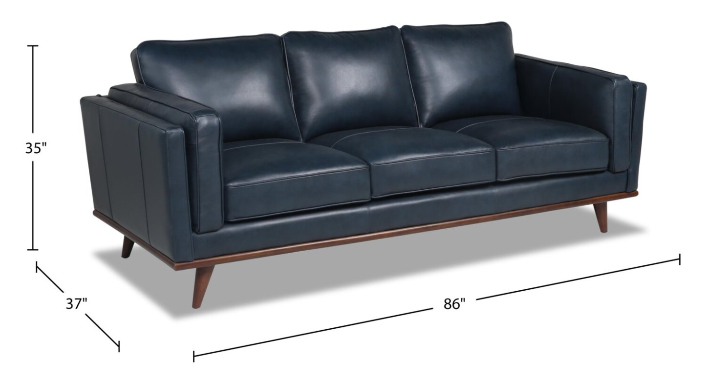 Vivia 86 canapé en cuir véritable avec coussins de siège amovibles et base en bois - bleu marine | Sofa Vivia de 86 po en cuir véritable avec coussins de siège amovibles et pattes en bois - bleu marine