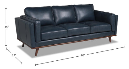 Vivia 86 canapé en cuir véritable avec coussins de siège amovibles et base en bois - bleu marine | Sofa Vivia de 86 po en cuir véritable avec coussins de siège amovibles et pattes en bois - bleu marine