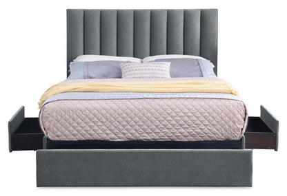 Sommier de lit rembourré avec rangement Amos en tissu anthracite avec 3 tiroirs intégrés - Grand lit | Base de lit de rangement Amos rembourrée en tissu anthracite avec 3 tiroirs intégrés - format grand lit