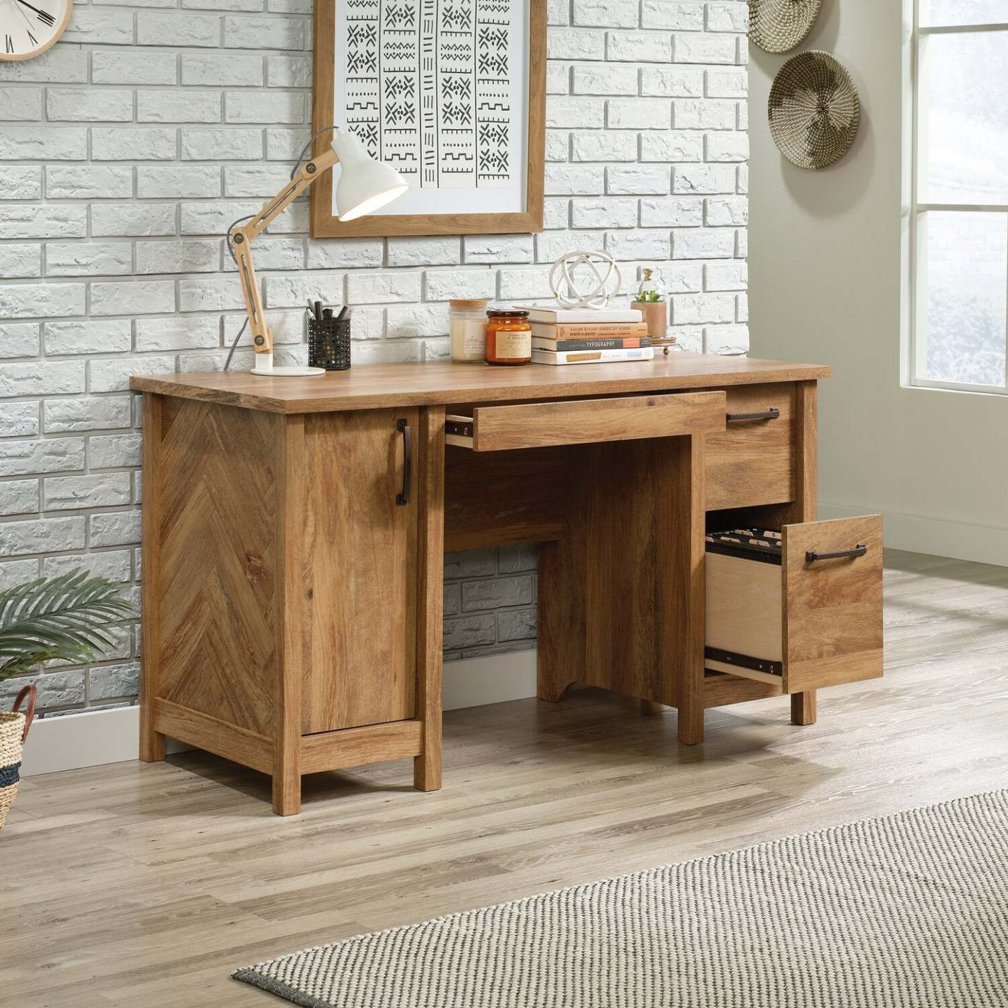 Bureau Alfie de 53,15 po à 2 tiroirs avec armoire - brun clair