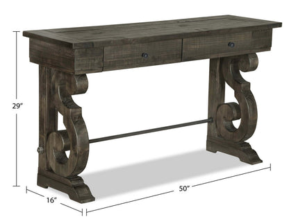 Table de salon traditionnelle Bellamy de 50 po avec rangement - pin brun foncé avec base en bois à volutes