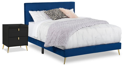 Lit rembourré Gabi en tissu velours bleu avec pieds finition dorée, capitonné avec boutons - Queen Size | Lit rembourré Gabi en tissu de velours bleu avec pattes au fini doré et capitonnage à boutons - format grand lit