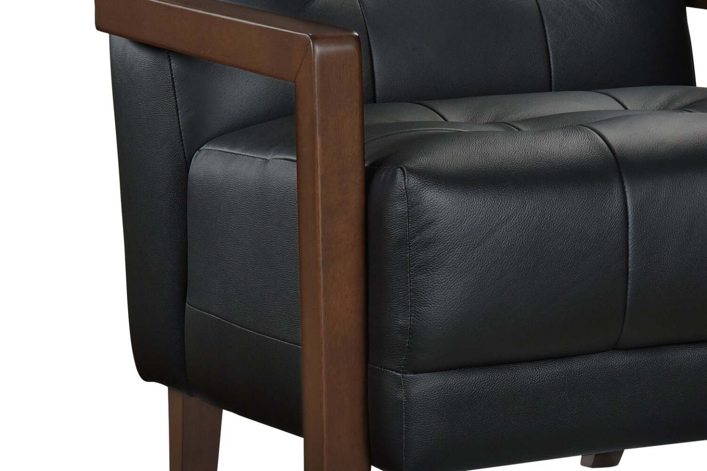 Fauteuil d'appoint Enzo 26 en cuir véritable avec capitonnage en biscuit, accoudoirs sur rail et pieds en bois - Noir | Fauteuil d'appoint Enzo de 26 po en cuir avec capitonnage en véritable biscuit, accoudoirs rectilignes et pattes en bois - noir