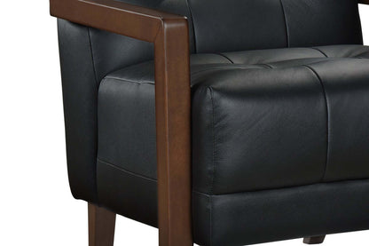 Fauteuil d'appoint Enzo 26 en cuir véritable avec capitonnage en biscuit, accoudoirs sur rail et pieds en bois - Noir | Fauteuil d'appoint Enzo de 26 po en cuir avec capitonnage en véritable biscuit, accoudoirs rectilignes et pattes en bois - noir