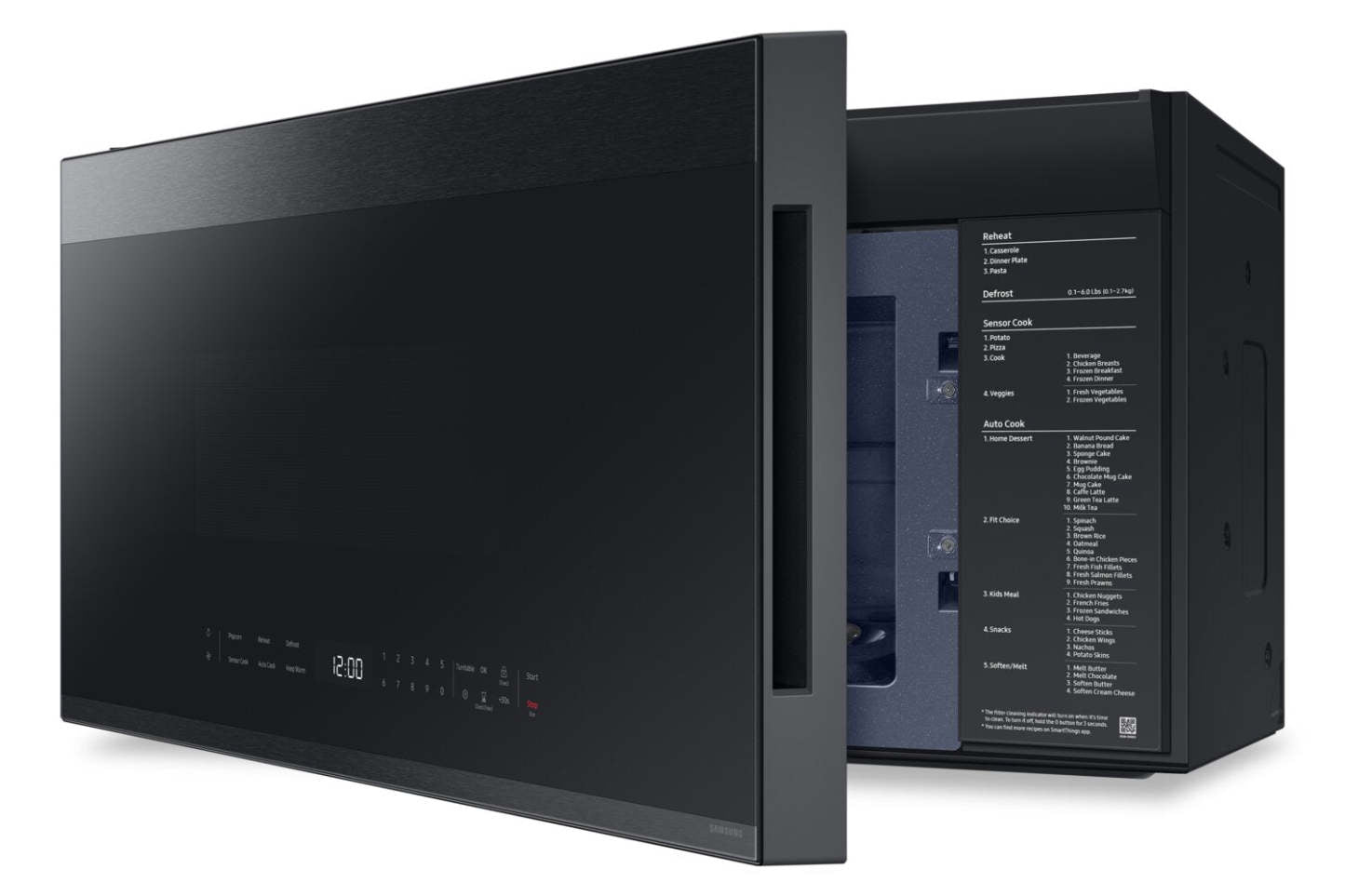 Samsung 2,1 Cu. Fort. Micro-ondes à grande portée avec 400 CFM et commande tactile en verre - Noir mat - ME… | Quatre à micro-ondes à hotte intégrée Samsung de 2,1 pi³ avec 400 pi³/min et commandes tactiles en ver…