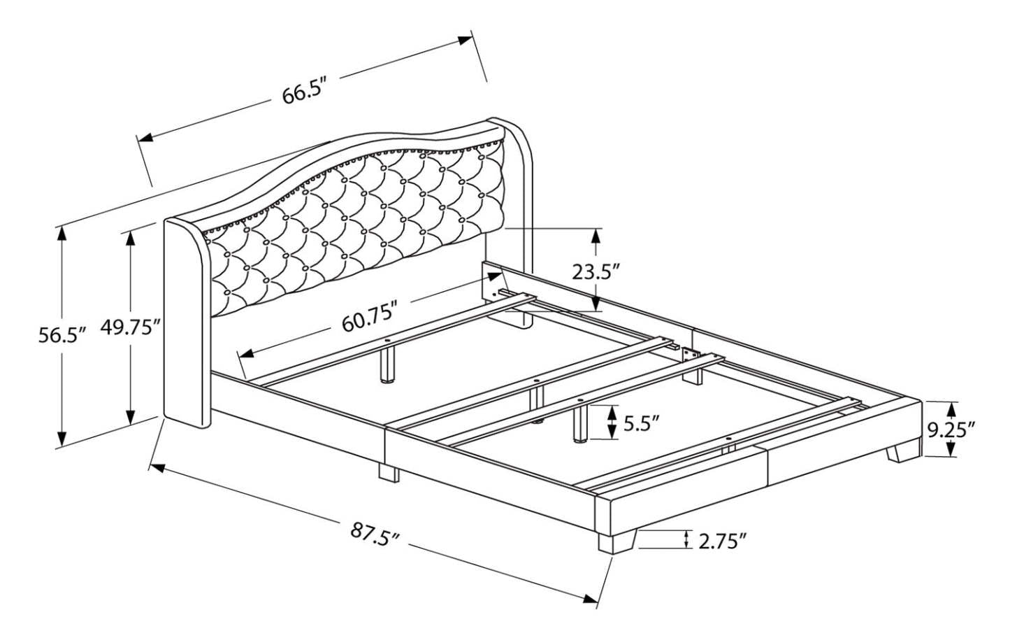 Lit rembourré à oreilles Penelope en tissu gris avec clous décoratifs et capitonnage à boutons - format grand lit
