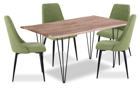 Miya 5pc Dining Set with Table & 4 Chairs, Live Edge, Acacia Wood, Metal, 60W - Moss Green | Ensemble de salle à manger Miya 5 pièces avec table de 60 po et 4 chaises, bordure Live Edge, en bois d'acacia et métal - vert mousse
