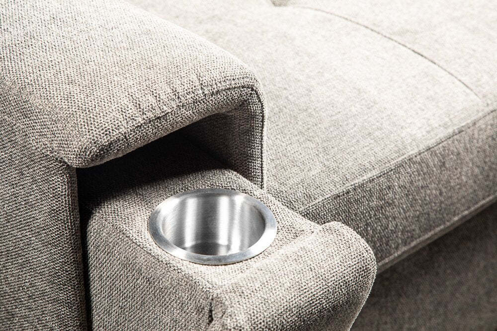 Sofa sectionnel Savvy 5 pièces en tissu d’apparence lin avec appuie-têtes réglables, porte-gobelets et port USB - gris