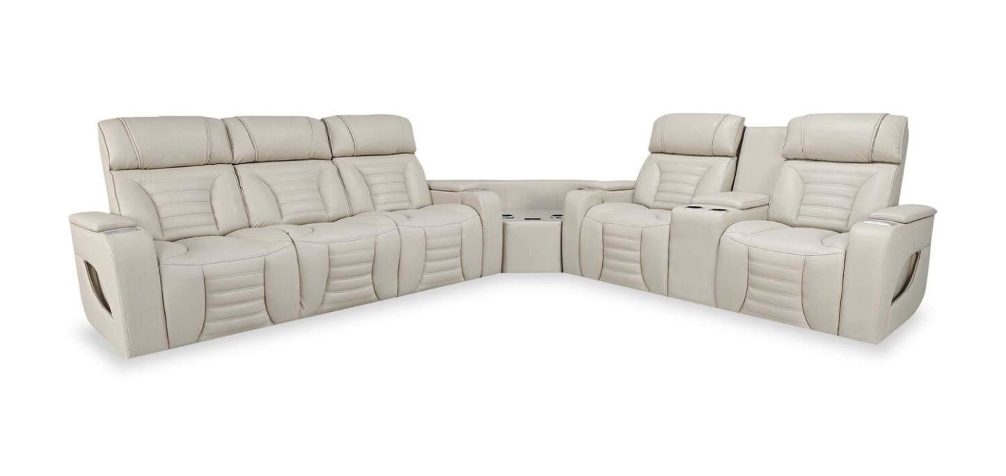 Sofa sectionnel à inclinaison électrique Zen 3 pièces en similicuir avec massage, console rabattable et compartiment réfrigéré - abricot