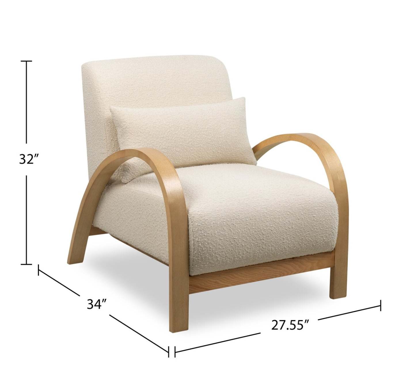 Loft 27.55 Chaise d'appoint en tissu bouclé avec oreiller décoratif et accoudoirs et pieds en bois - Blanc | Fauteuil d'appoint Loft de 27,55 po en tissu bouclé avec coussin décoratif, accoudoirs et pattes en bois - blanc