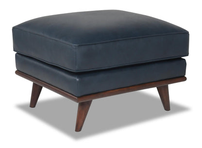 Ottoman Vivia 28 en cuir véritable avec base en bois - Bleu marine | Pouf Vivia de 28 po en cuir avec base en bois - bleu marine véritable