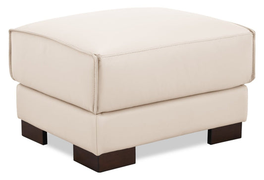 Ottoman Citadel 28 en cuir véritable de première qualité avec pieds en bois - Blanc givré | Pouf Citadel de 28 po en cuir de qualité supérieure avec pattes en bois véritable - blanc givré