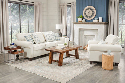 Canapé Scarlett de 87 po fabriqué au Canada en tissu de chenille avec accoudoirs enroulés et coussins décoratifs - beige écru