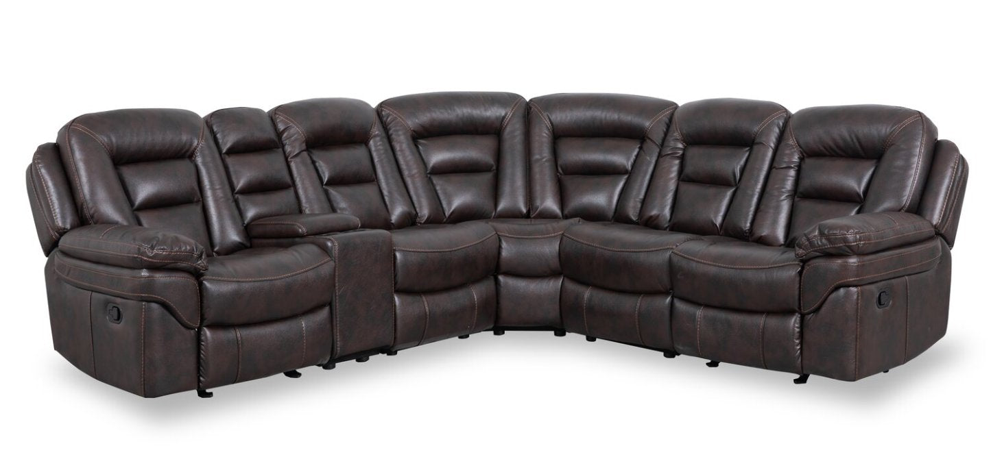 Sofa sectionnel inclinable Leo 6 pièces en tissu d’apparence cuir avec console de rangement et 2 porte-gobelets - brun noyer