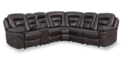 Sofa sectionnel inclinable Leo 6 pièces en tissu d’apparence cuir avec console de rangement et 2 porte-gobelets - brun noyer