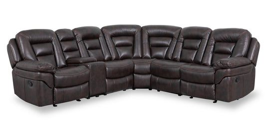 Sofa sectionnel inclinable Leo 6 pièces en tissu d’apparence cuir avec console de rangement et 2 porte-gobelets - brun noyer