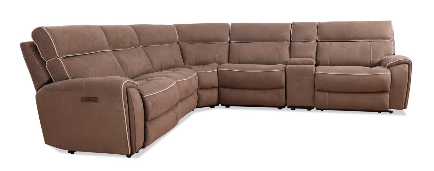 Canapé sectionnel à inclinaison électrique Newport de Cindy Crawford Home 6 pièces en suédine avec console de rangement et port USB - taupe