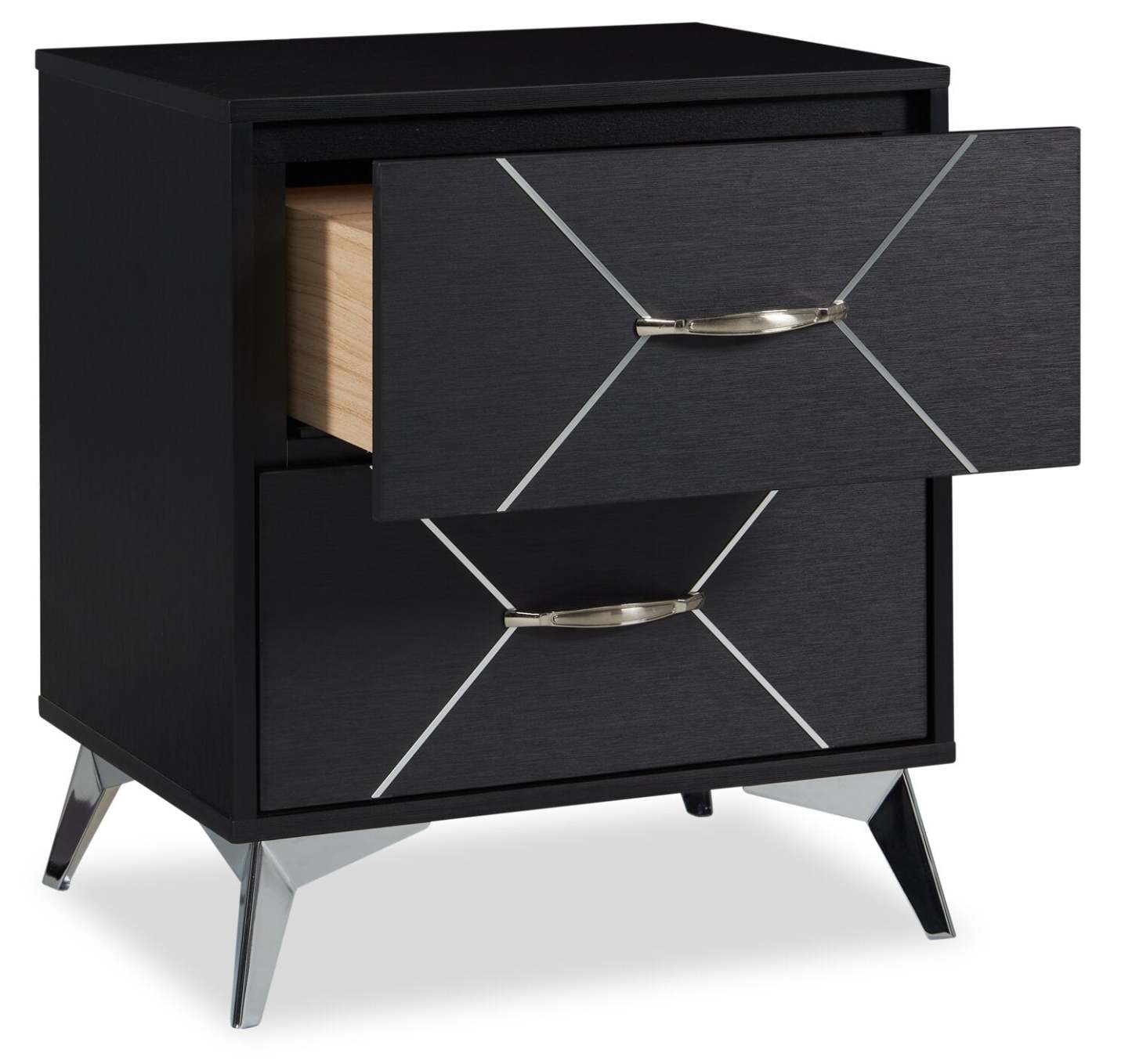 Table de nuit à 2 tiroirs Beau Flashlight, 21,7 L x 24,6 H, Moderne - Noir et Argent | Table de nuit moderne Beau de 21,7 po (L) x 24,6 po (H) à 2 tiroirs - noire et argentée