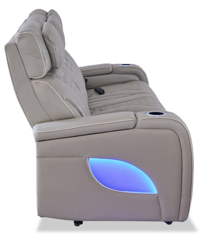Elite 86 Genuine Leather Massage Power Reclining Sofa with Power Headrests and Storage Arms - Grey | Sofa de massage à inclinaison électrique Elite de 86 po en cuir véritable avec appuie-têtes électriques et accoudoirs de rangement - gris