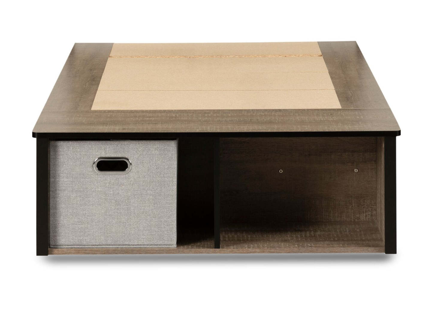 Lit plateforme Everley avec rangement et paniers intégrés, chêne patiné et noir mat - taille simple | Lit plateforme Everley avec rangement et paniers intégrés, chêne vieilli et noir mat - format lit simple