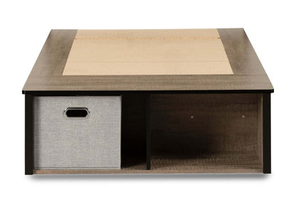 Lit plateforme Everley avec rangement et paniers intégrés, chêne patiné et noir mat - taille simple | Lit plateforme Everley avec rangement et paniers intégrés, chêne vieilli et noir mat - format lit simple