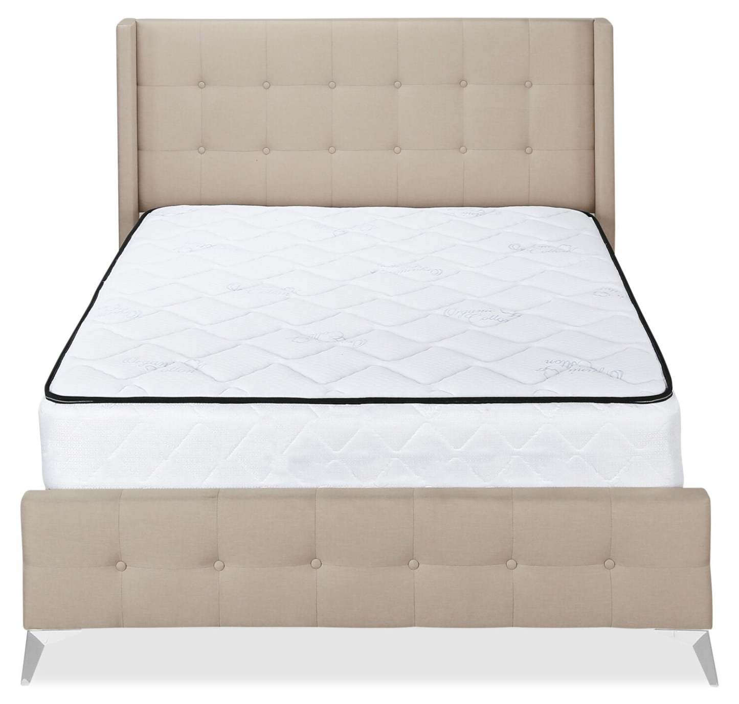 Lit rembourré Zara en tissu d'apparence lin beige - Capitonné à boutons - Taille Queen | Lit rembourré Zara en tissu d'apparence lin beige avec capitonnage à boutons - format grand lit