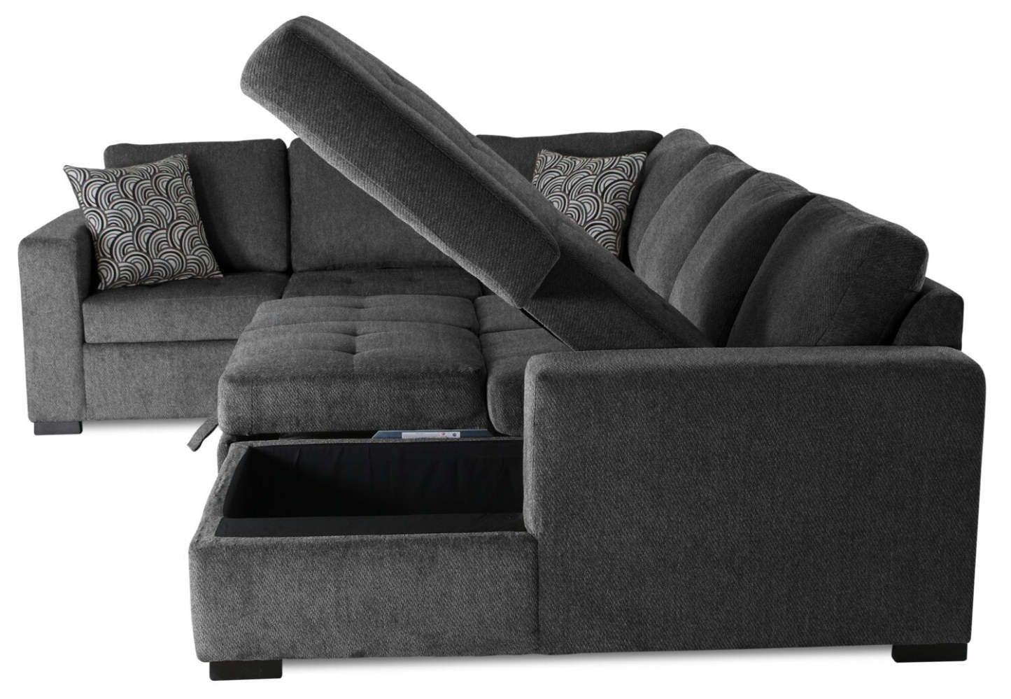 Made in Canada Legend 4-Piece Right-Facing Chenille Fabric Sleeper Sectional with Storage Chaise - Pepper Grey | Canapé-lit sectionnel de droite Legend 4 pièces fabriqué au Canada en tissu de chenille avec chaise longue de rangement - gris poivre